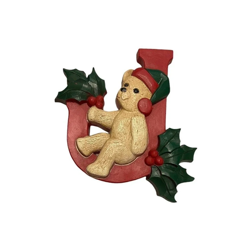Homco Christmas JOY 3pc Teddy Bears Wall Hanging Decor Holly & Berries  7610 Vtg